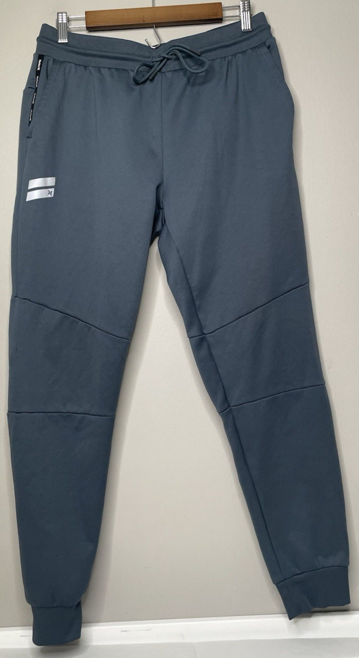 Hurley Men’s Fleece Jogger Pants Large Blue Gray Reflective Logo Zip Pocket